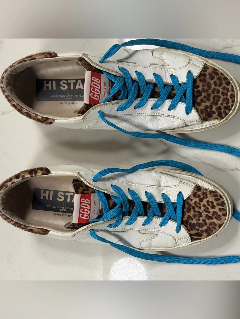 GG Hi Star White Leather Sneakers with Leopard Trim and Blue Laces